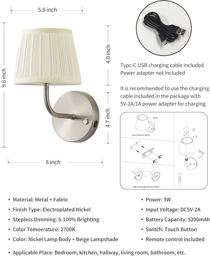 PUSU LED Cordless Nickel H9.6 inch Small Wall Sconces Set of 2, Rechargeable 5200mAh Battery Operated Wall Lamp with Remote, Lighting for Living Room, Bedroom, Hallway, Bathroom, Stairs, Kitchen - Image 5